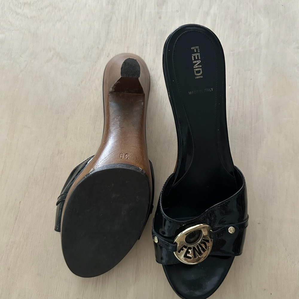 Fendi Mules Heeled Slide Womens 39 Black Patent Leather Wood Gold Logo Vintage - Picture 4 of 6